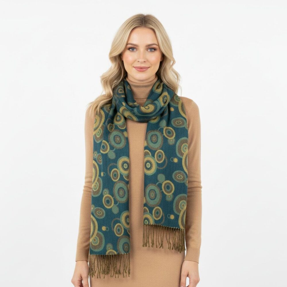 Pashmina Blue & Tan Circle Print Rectangular Reversible Tassel thin knit Scarve